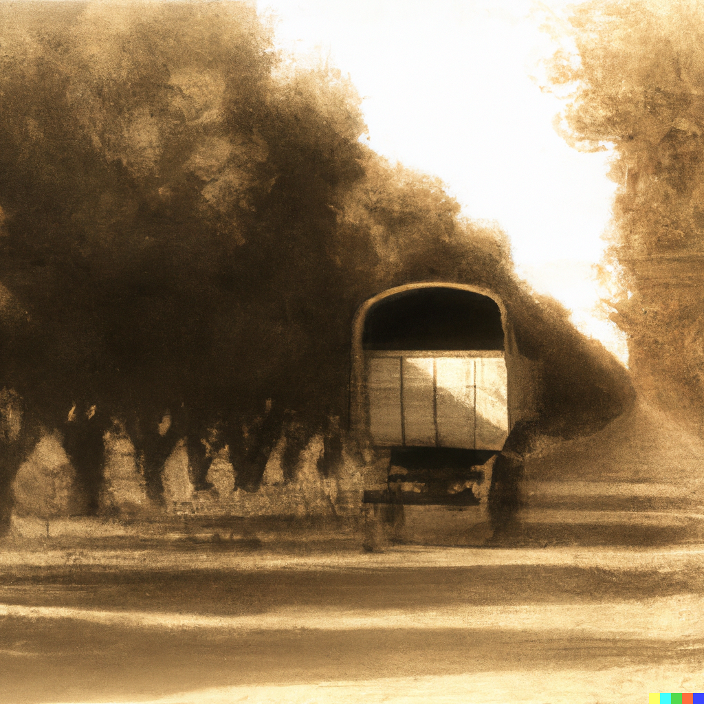 historic sepia photo of a wagon in the great depression going down a dusty road with rows of orange trees