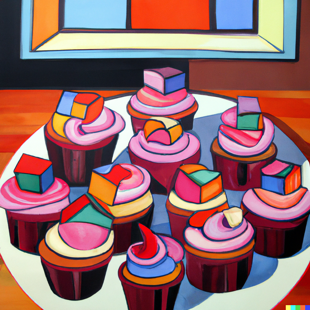a tray of birthday cupcakes, cubist painting