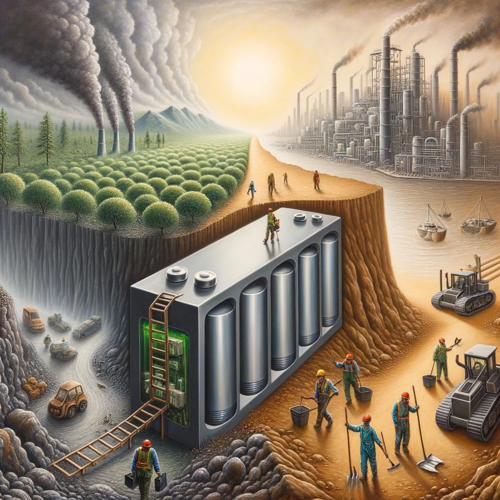 Oil painting illustrating the central role of battery technology in combating climate change. A large battery connects a polluted, smog-filled world on one side to a cleaner, greener world on the other. Miners labor in tough conditions while a parched landscape depicts the water-intensive nature of lithium extraction. Adjacent to this, a technologically advanced battery production facility stands tall, symbolizing hope.