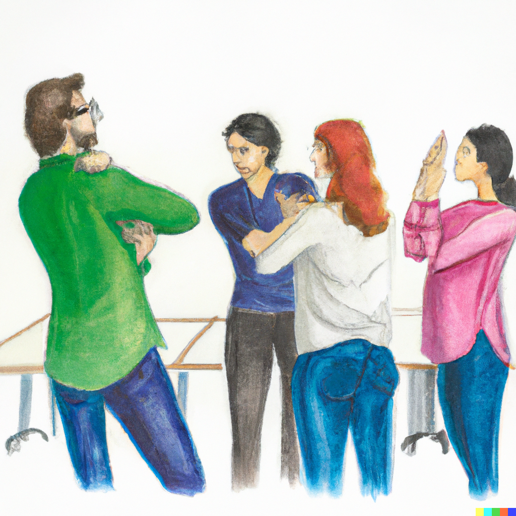 men standing up for female colleagues in a meeting, stock photo, colored pencil drawing