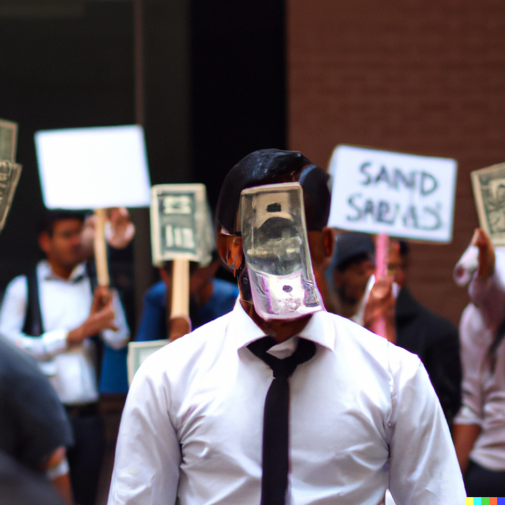 a protest at wall street with lots of bankers holding picket signs decorated with dollar signs, telephoto lens