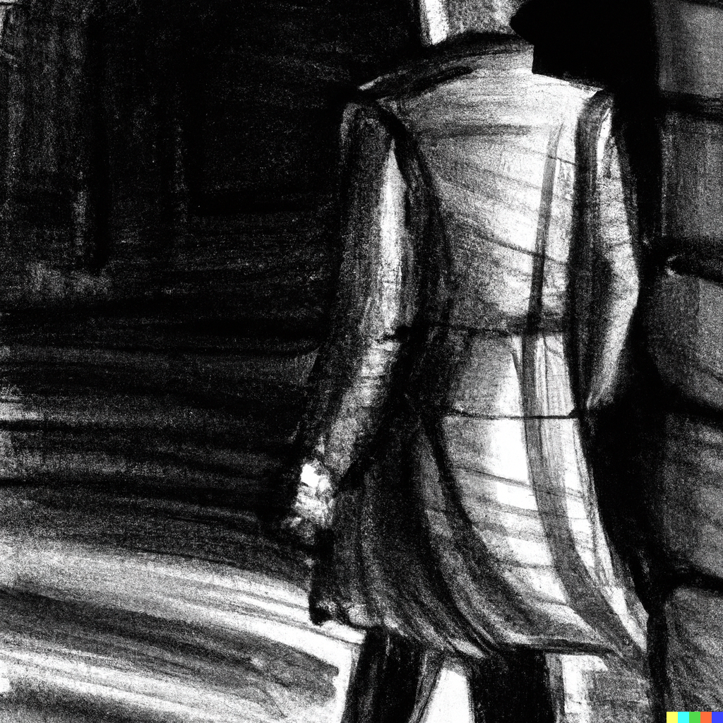 a sketchy person in a trenchcoat in a dark alley, noir lighting, charcoal sketch