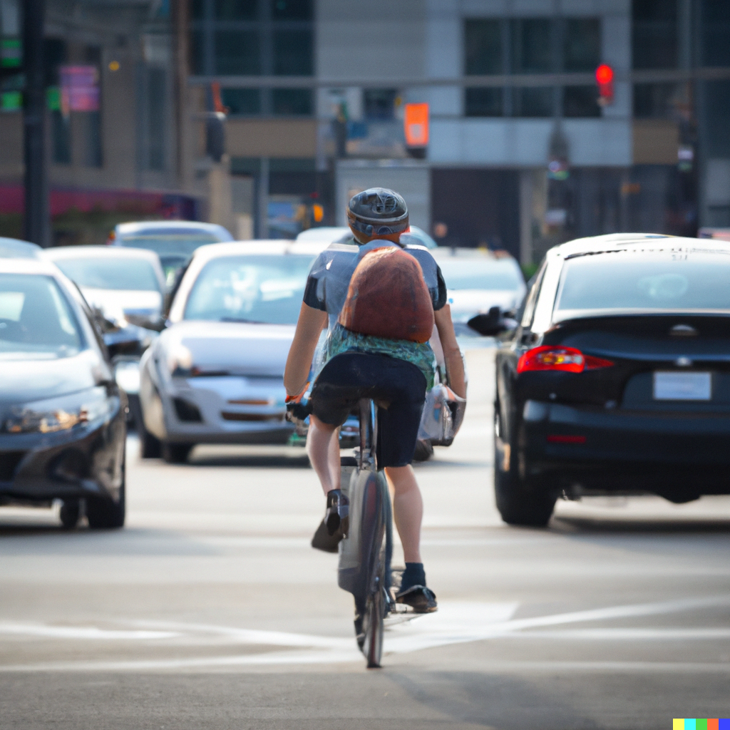 a cyclist navigating through an intersection in the middle of a city with lots of traffic, telephoto lens photo
