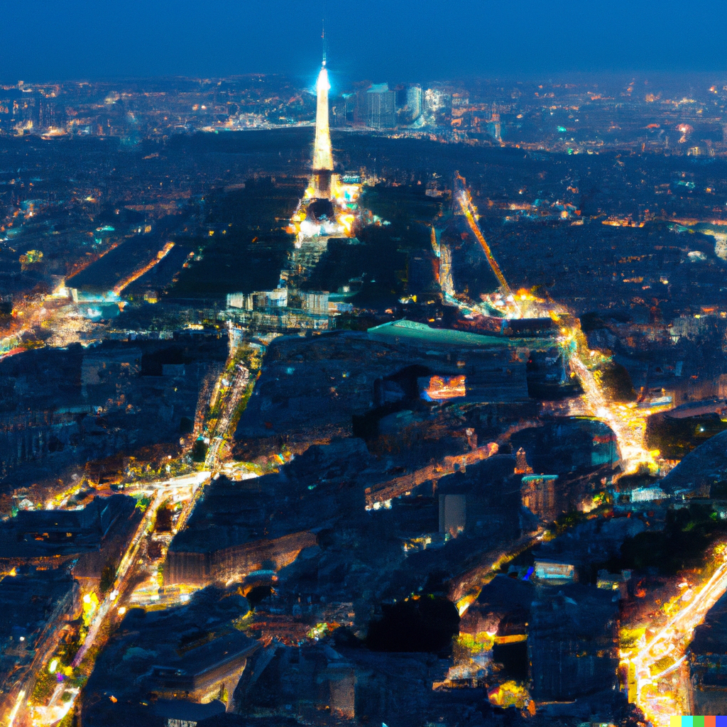a nighttime aerial view of inner paris, with the eiffel tower lit up in the background, photograph