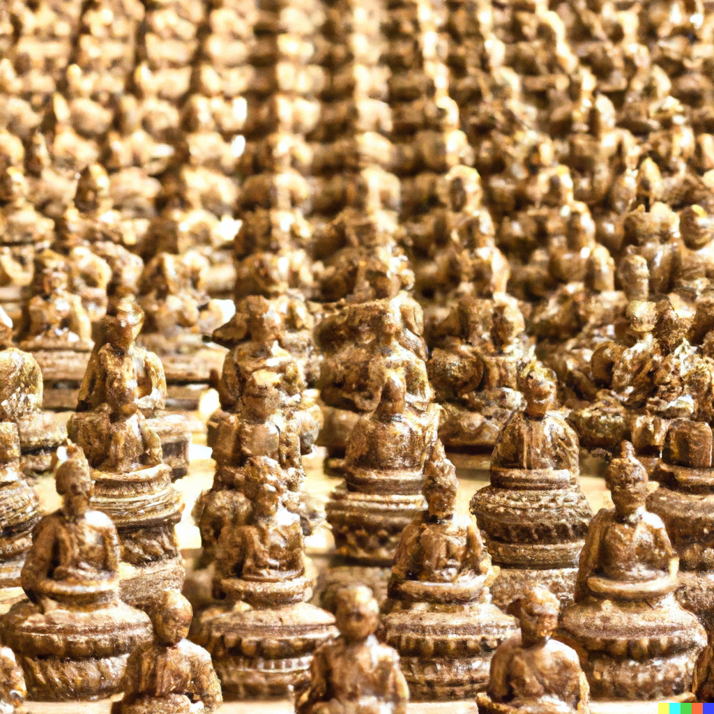 an infinite loop of small buddha statues made out of gold