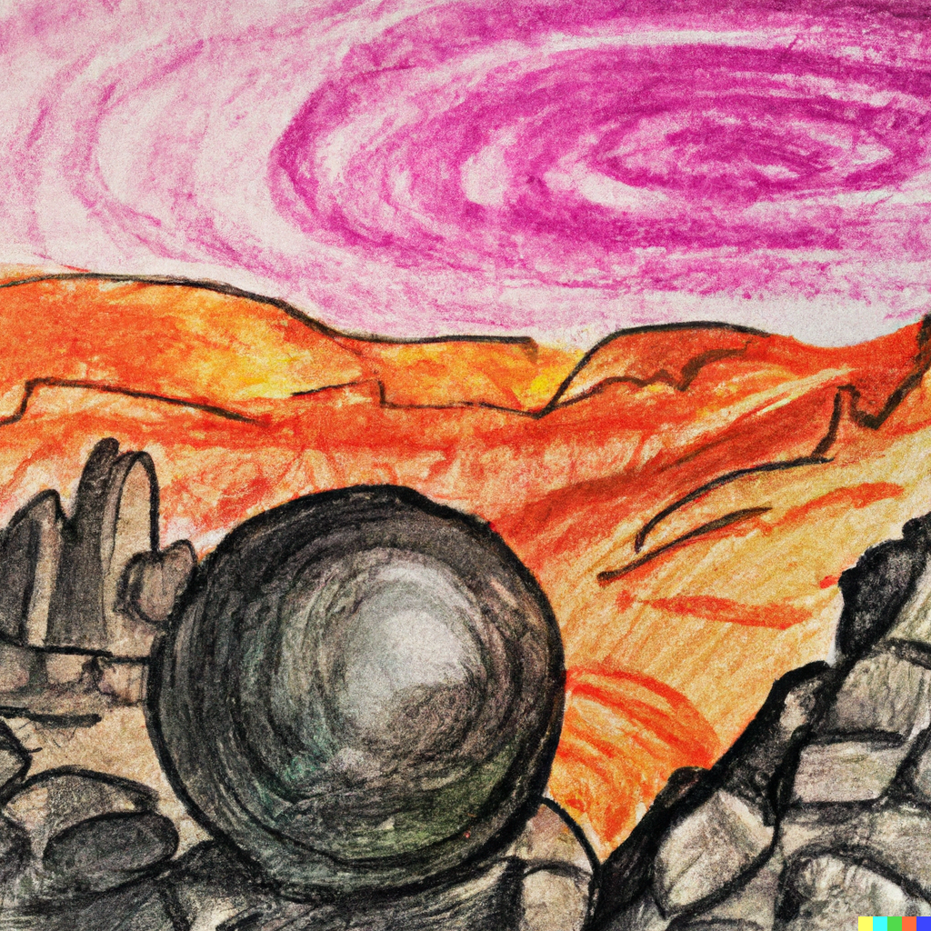 a desert planet with rocks in the background and a colourful sky, pencil and watercolour