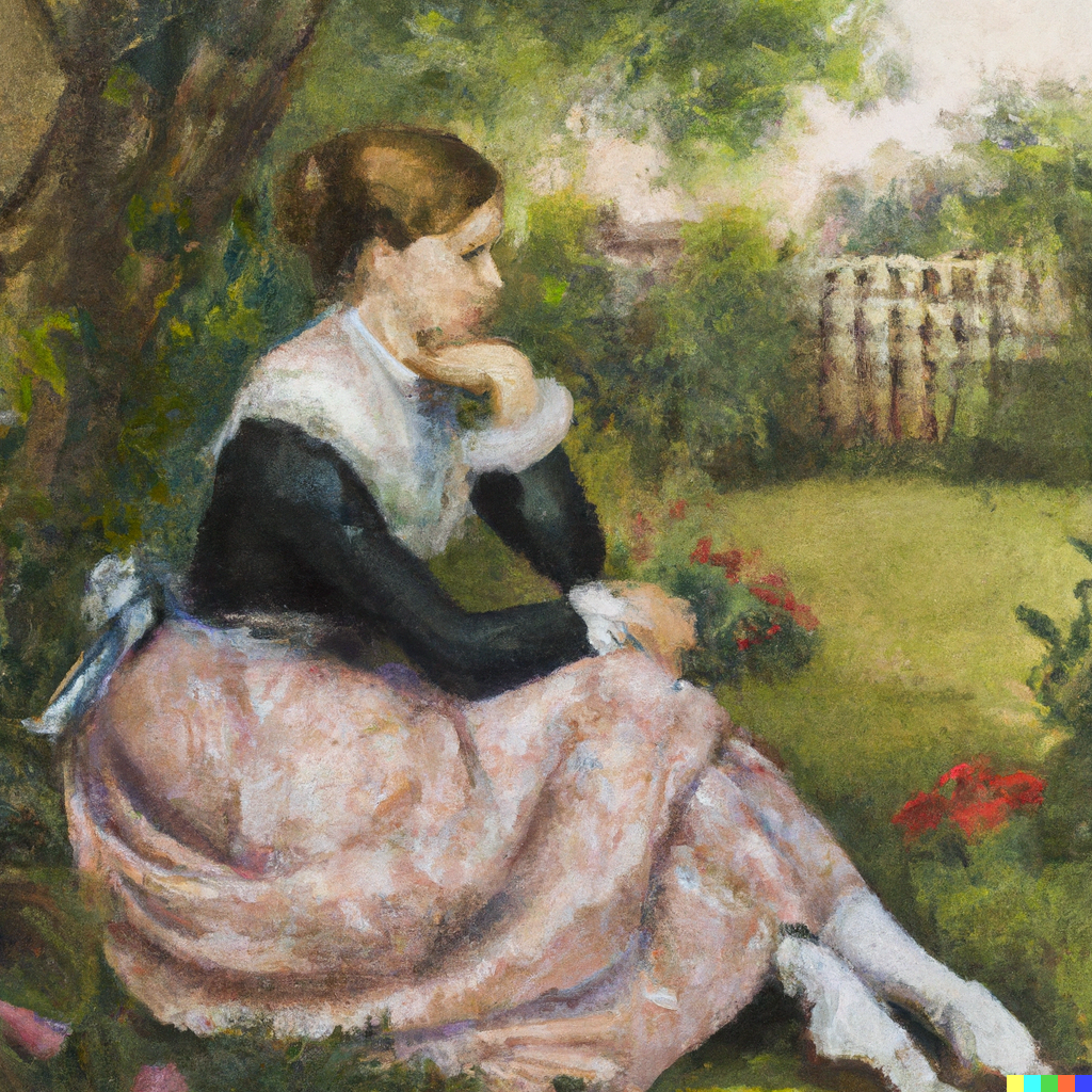 a victorian woman resting in a garden, hugging her knee, looking wistfully into the distance, oil painting