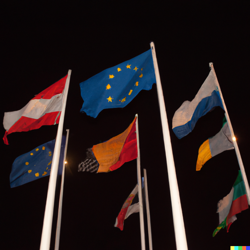 european flags, flapping gently in the wind, nighttime photograph