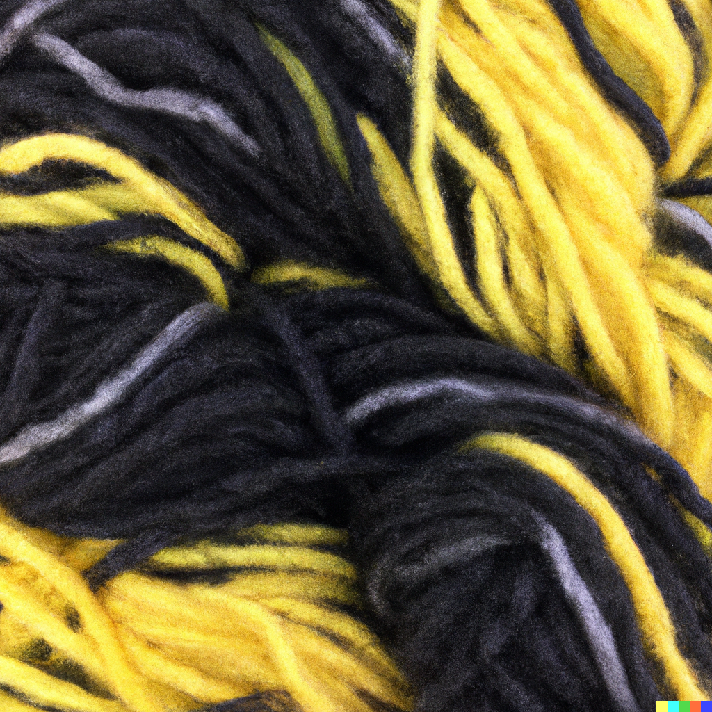 a tangle of yellow and black woollen yarn