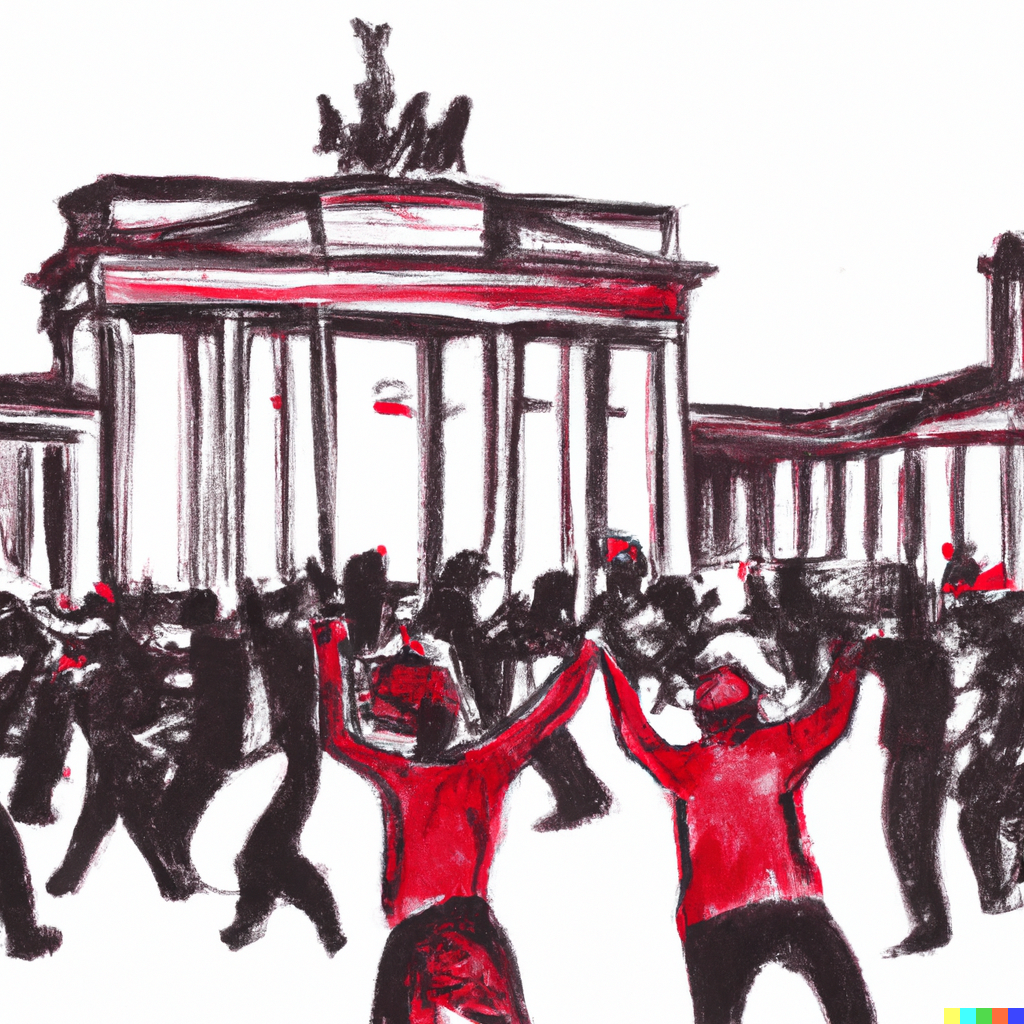 hundreds of protestors in front of the brandenburger tor, dancing, red pencil sketch