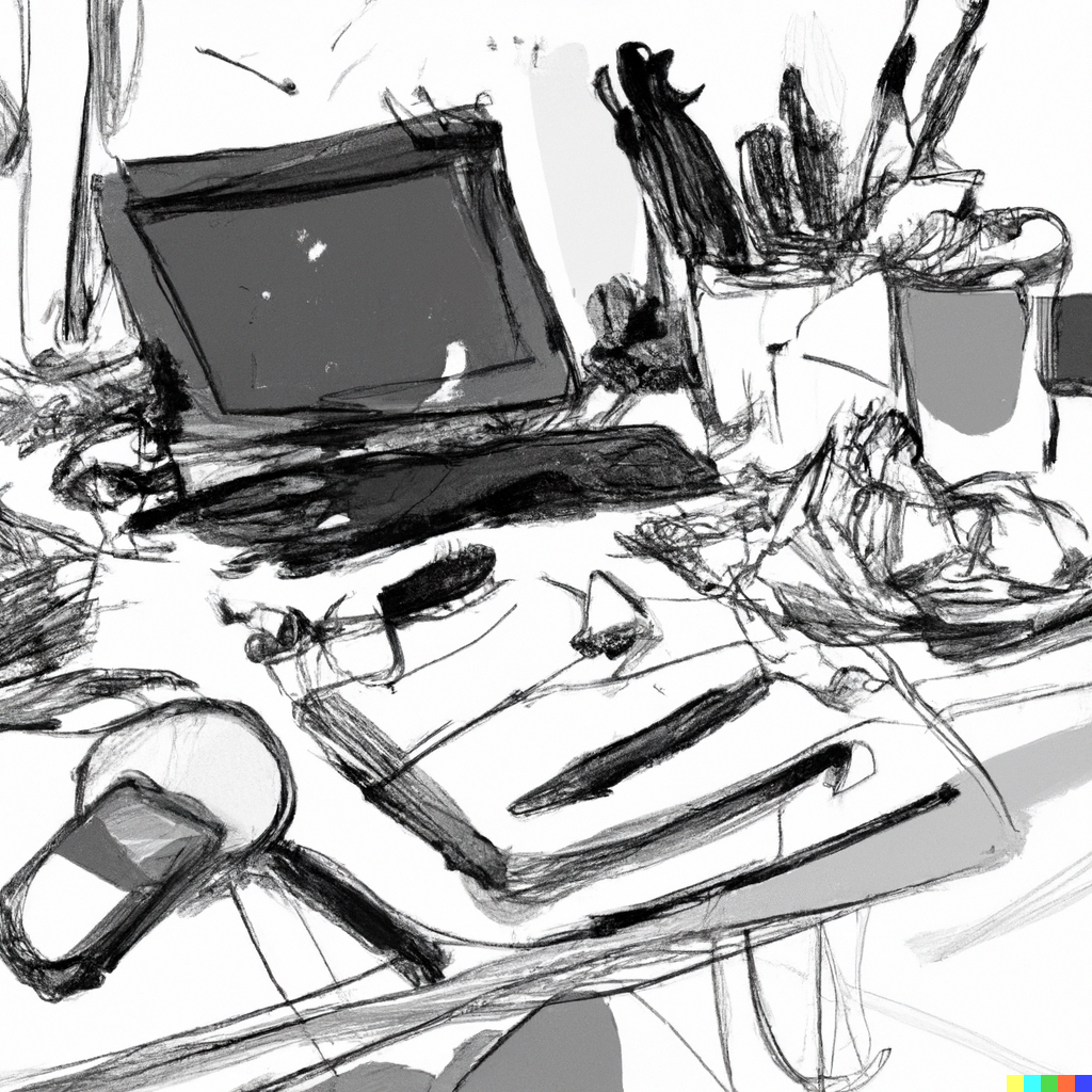 a messy desk, digital art, black and white