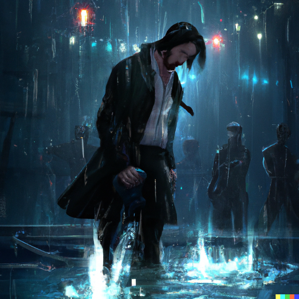 John wick, in a shootout in
                Berghain, with water pouring all around him, digital art