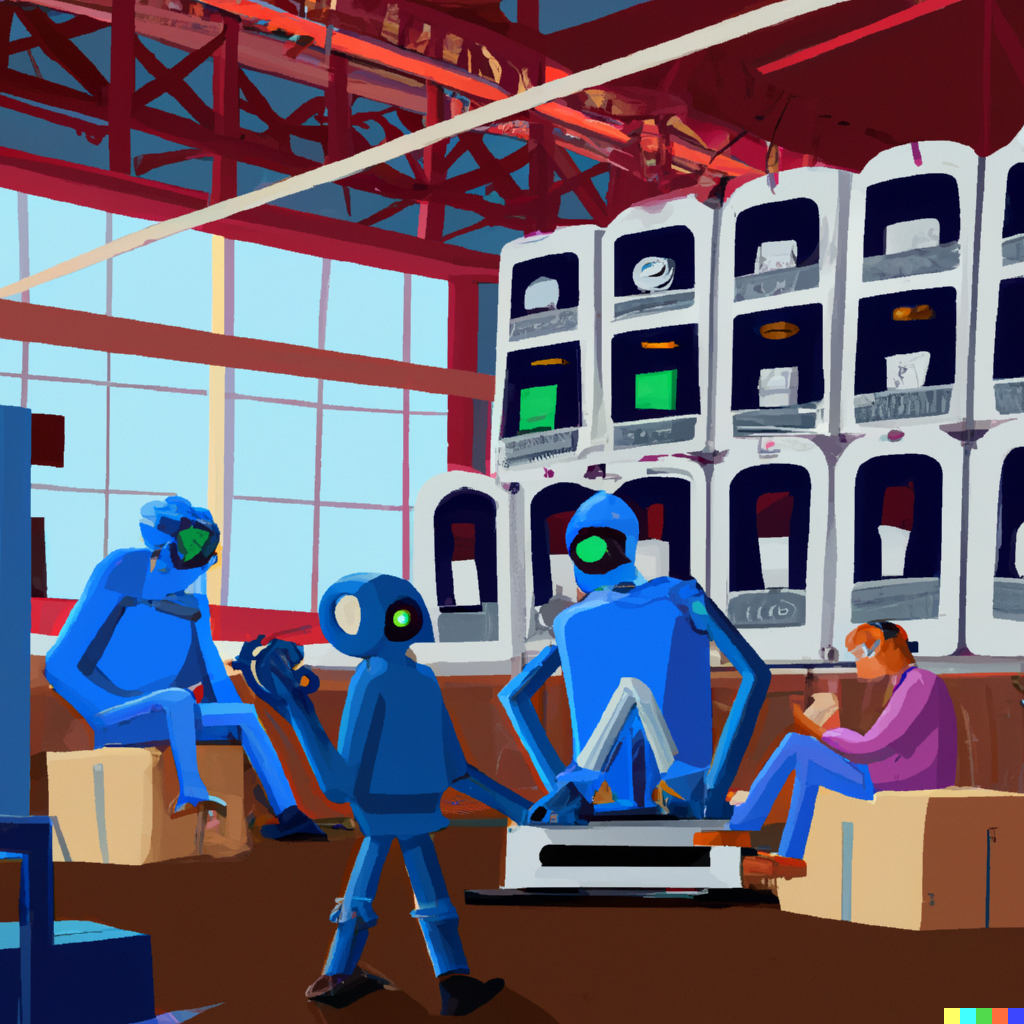 robots working in a factory next to human supervisors, saturday morning cartoon