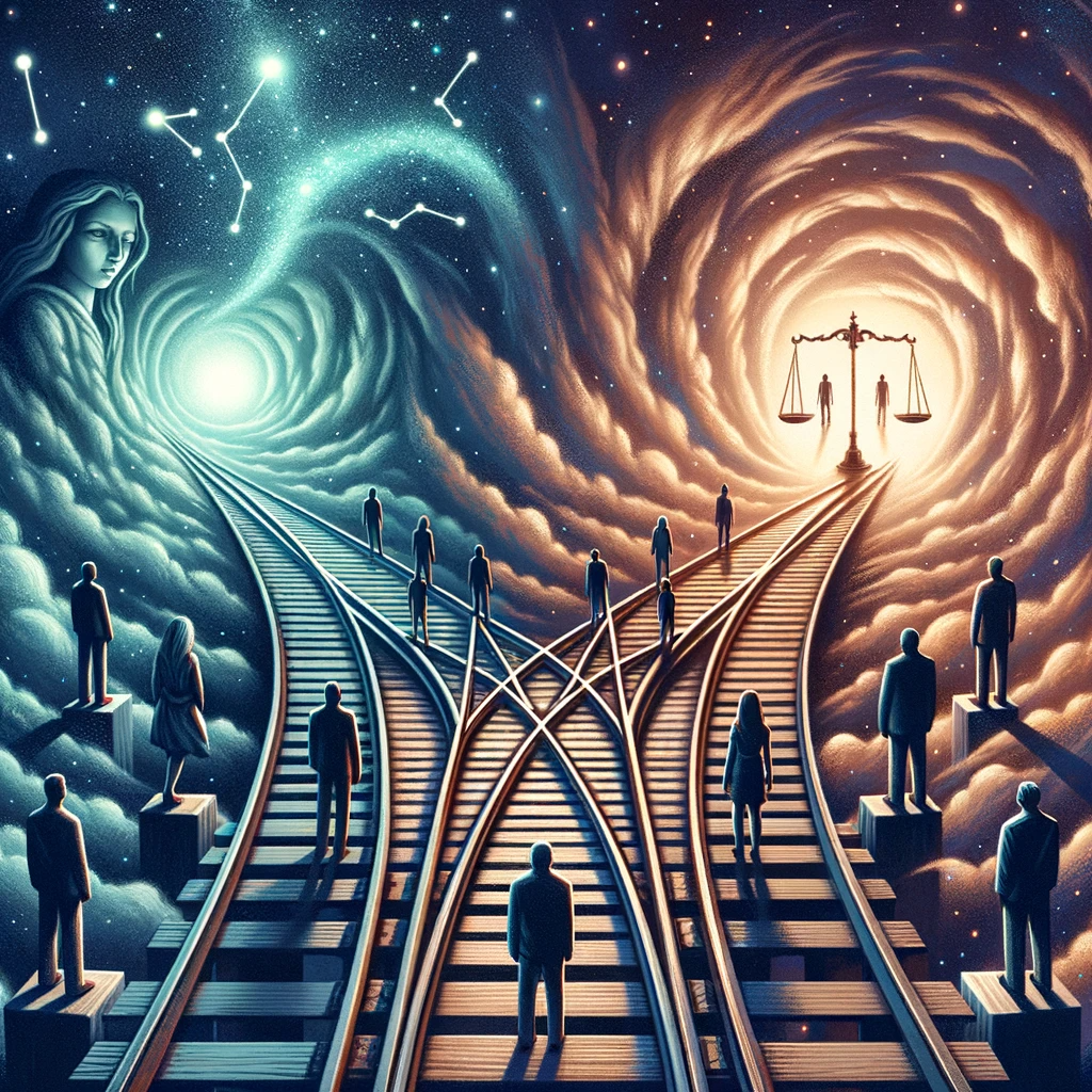 Artistic representation of the Trolley Problem in a surreal environment. The tracks twist and turn in impossible ways, emphasizing the complexity of the decision. On one track, five figures stand with linked arms, while a lone figure stands defiantly on the other. Above, a constellation in the shape of scales balances the ethical concepts of harm caused and harm allowed.