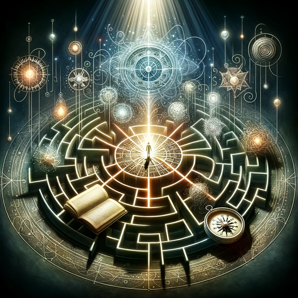 An abstract representation of decision-making complexity, featuring a maze illuminated by a guiding light, surrounded by symbols of wisdom such as an open book, a compass, and interconnected nodes.