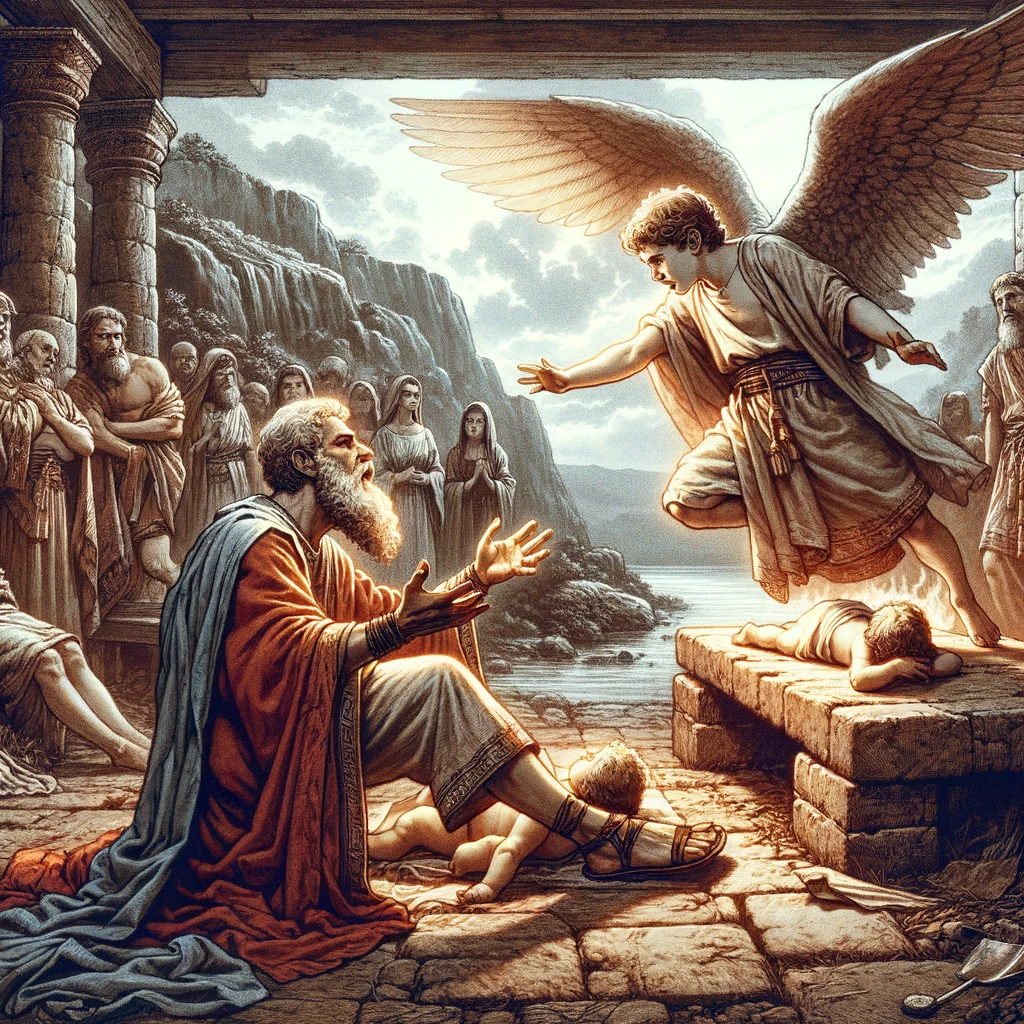 An old Bible-style
                illustration of Abraham and Isaac at the moment of divine
                intervention.