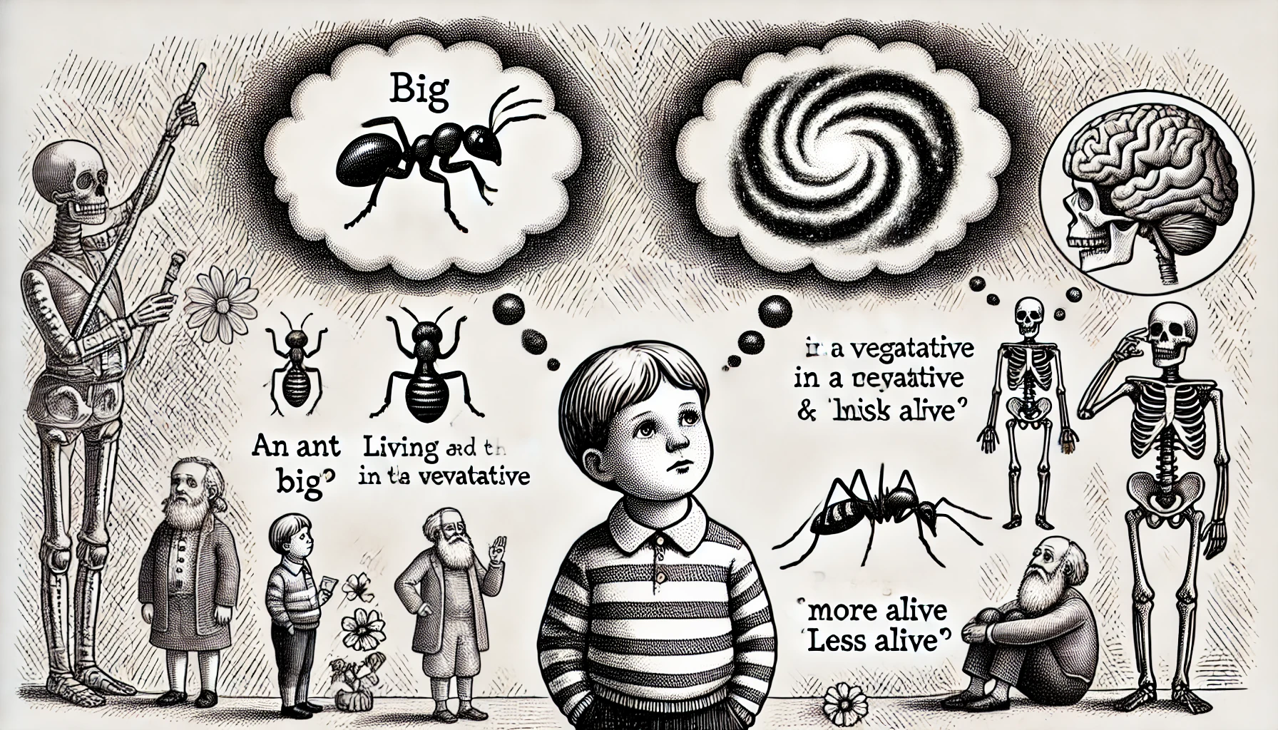 An illustration of
              a child deep in thought, surrounded by thought bubbles. One
              bubble shows an ant labeled ‘big’, another shows the Milky Way.
              Nearby are skeletons, pensive old men, and more ants.