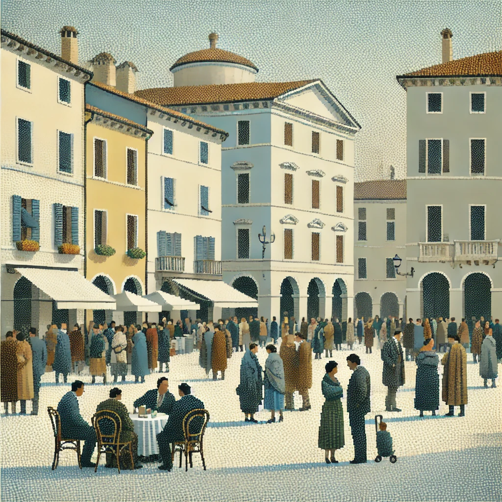 A pointillist
              painting of an Italian town square with muted colors, showing a
              crowd of people discussing something important.