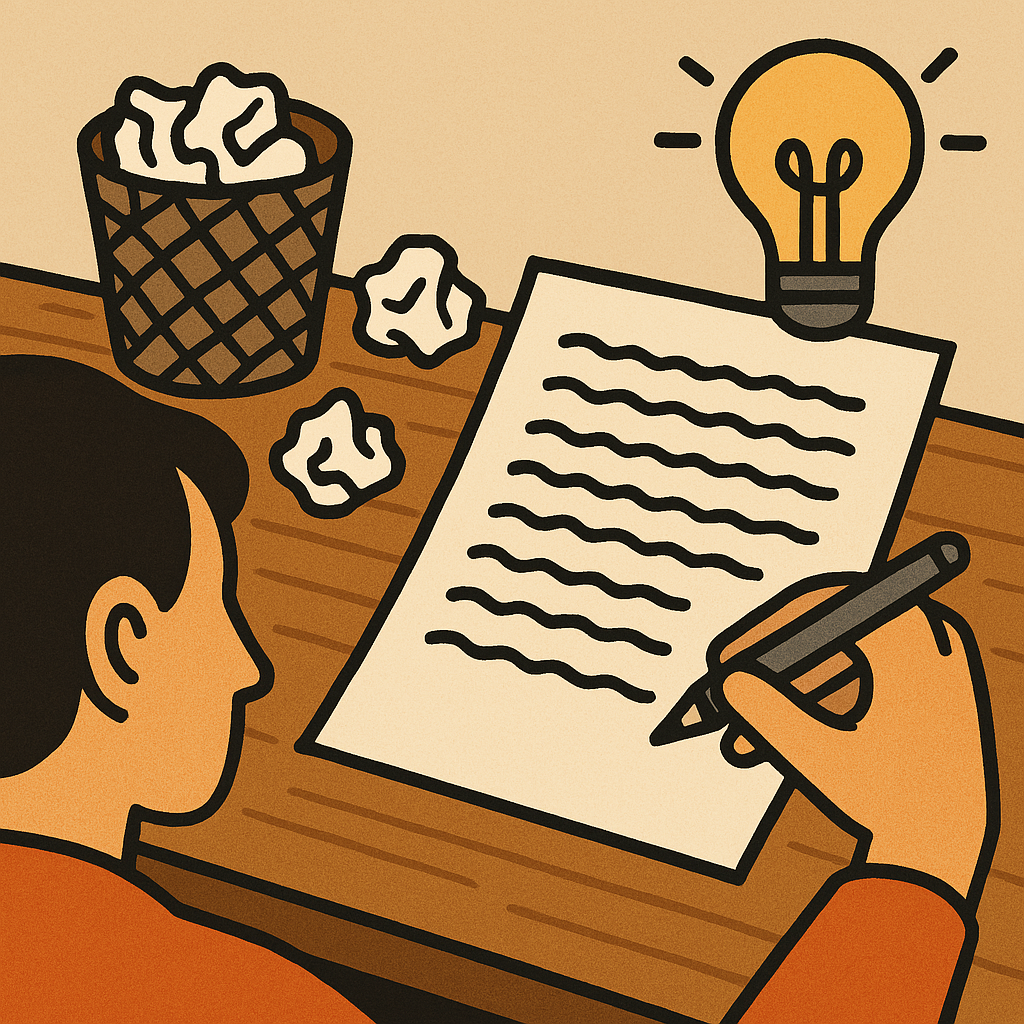 a person sitting at a desk writing on paper, surrounded by crumpled pages and a glowing lightbulb above their head, symbolizing the creative process of refining ideas
