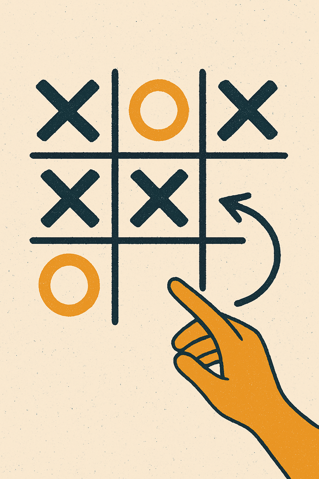 a flat, graphic digital illustration depicts a tic-tac-toe game on a slightly irregular 3x3 grid with bold 'x' and 'o' symbols in textured navy-blue and orange-yellow hues; a stylized hand points to an empty square, indicating the next move with a curved arrow, all set against a vintage off-white background