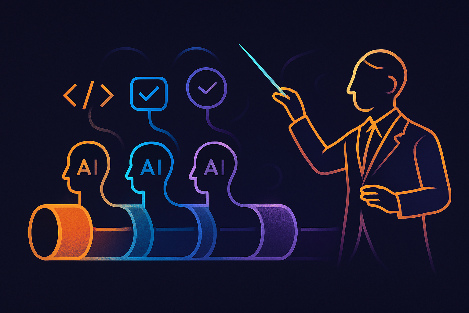 a digital illustration in a modern, geometric, and futuristic style showing a conductor orchestrating a glowing ai-powered pipeline with symbols and icons, against a dark background with blue and purple gradients
