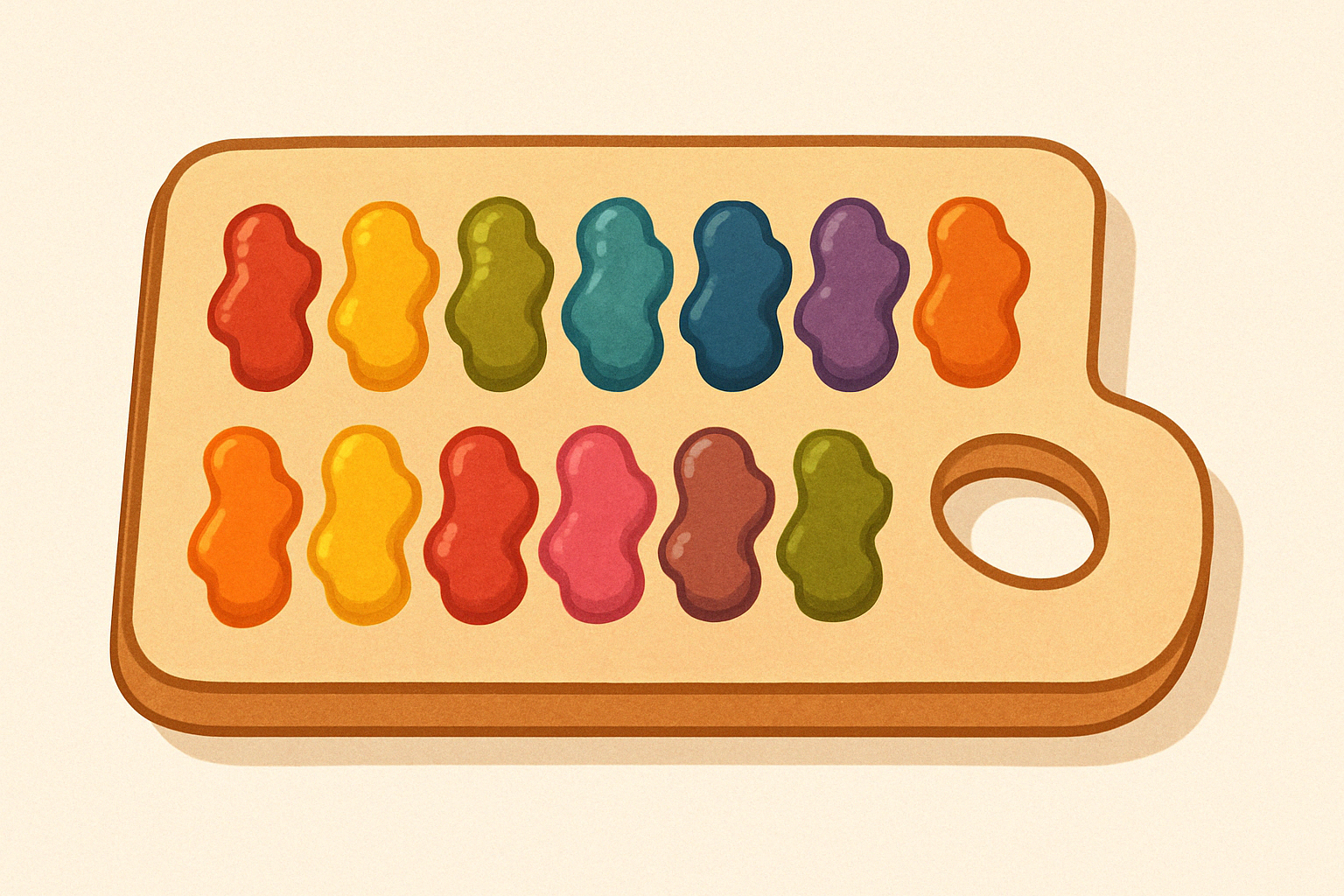 a 2d digital illustration of a painter's palette with twelve colorful paint blobs arranged in two rows on a beige background
