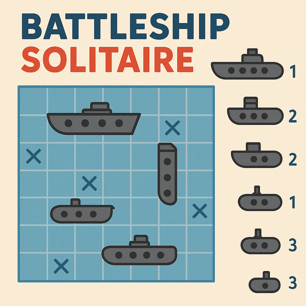 a battleship solitaire grid with cartoon ships placed on a blue board, red and navy title text above, and a ship type guide on the right side showing ship counts and sizes