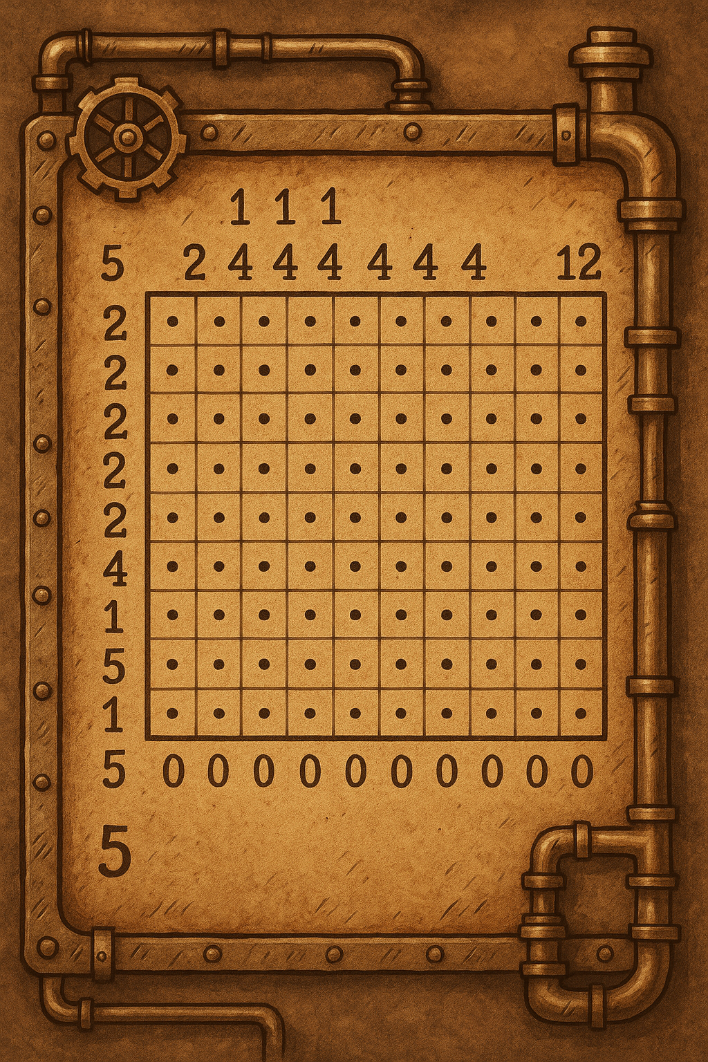 a sepia-toned steampunk puzzle schematic featuring a grid of dots with numerical clues along the top, bottom, left, and right, all framed by brass pipes and riveted metal borders