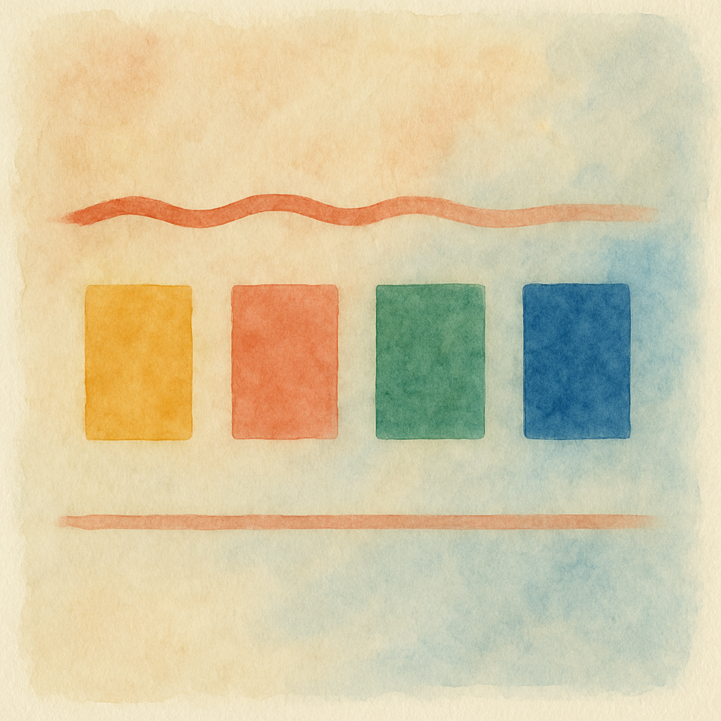 a watercolor painting with four soft-edged rectangles in yellow, red, green, and blue arranged in a row, framed by a wavy red-orange line above and a straight line below, all set against a textured background blending beige, peach, and light blue tones