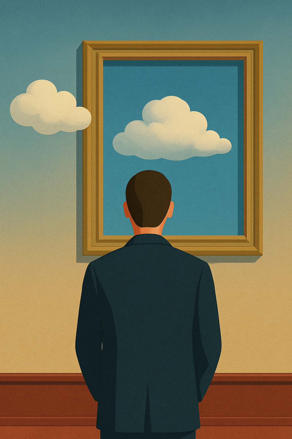 a man in a dark suit stands facing an empty picture frame on a museum wall, with fluffy white clouds floating both inside and outside the frame against a soft blue and beige background in a surreal, flat design style