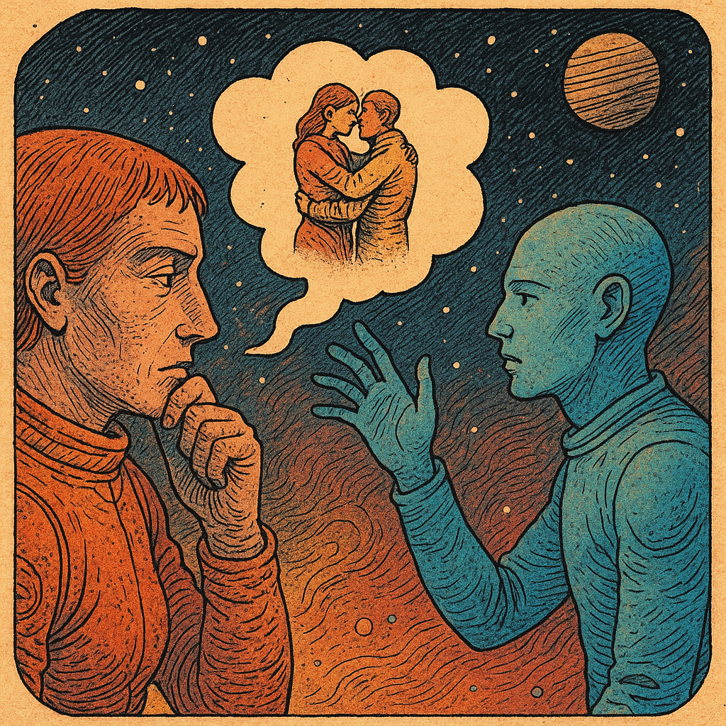 two stylized figures in a sci-fi setting, one in orange deep in thought and the other in blue gesturing toward them, with a starry sky and distant planet in the background, rendered in moebius-style ink and color without any speech or thought bubbles