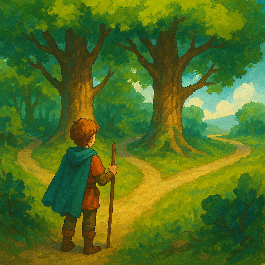 a young adventurer with a walking stick stands at a fork in a sunlit forest path, facing two large trees where the trail splits, surrounded by lush green foliage and soft painterly lighting