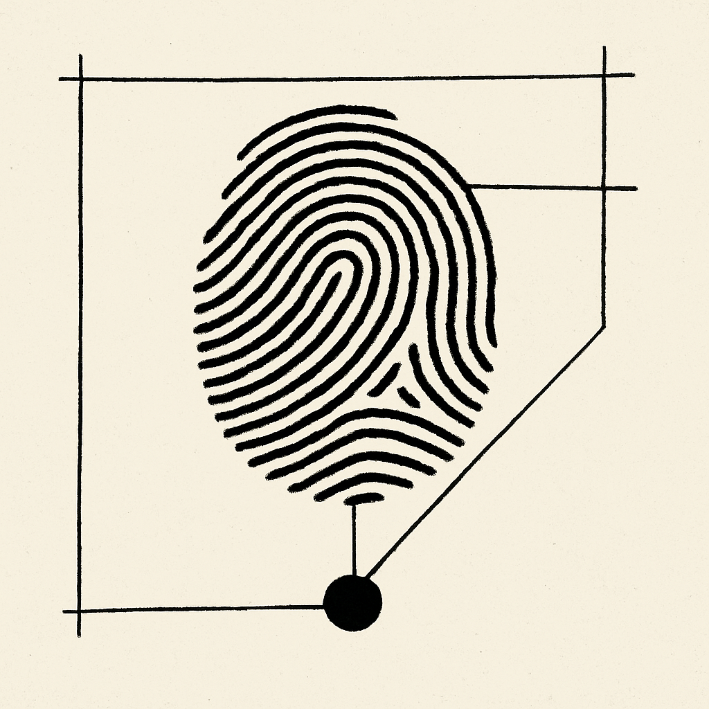 a black fingerprint with spiral-like ridges is centered on an off-white square background, intersected by minimal black wireframe lines and a solid black dot anchoring one corner of the composition
