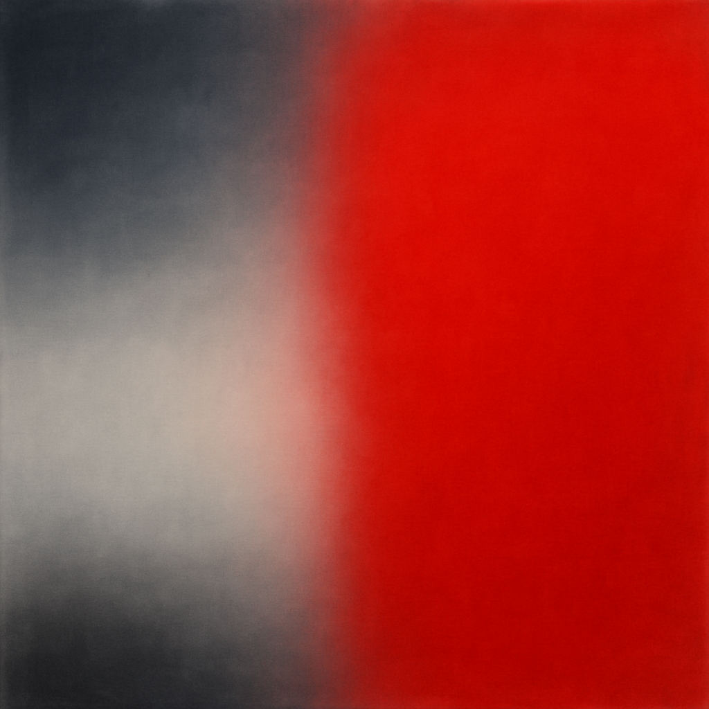 abstract color-field painting with a soft gradient gray area on the left blending into an intense solid red block on the right, the two hues meeting in a hazy vertical transition