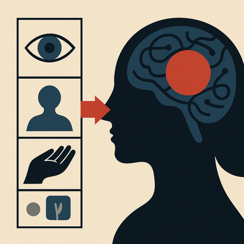 a flat, mid-century-style graphic: three stacked icons (eye, person silhouette, open hand) on the left with an orange arrow pointing right toward a black profile head; inside the head a stylized blue brain holds a red circle, symbolizing a new neural ability