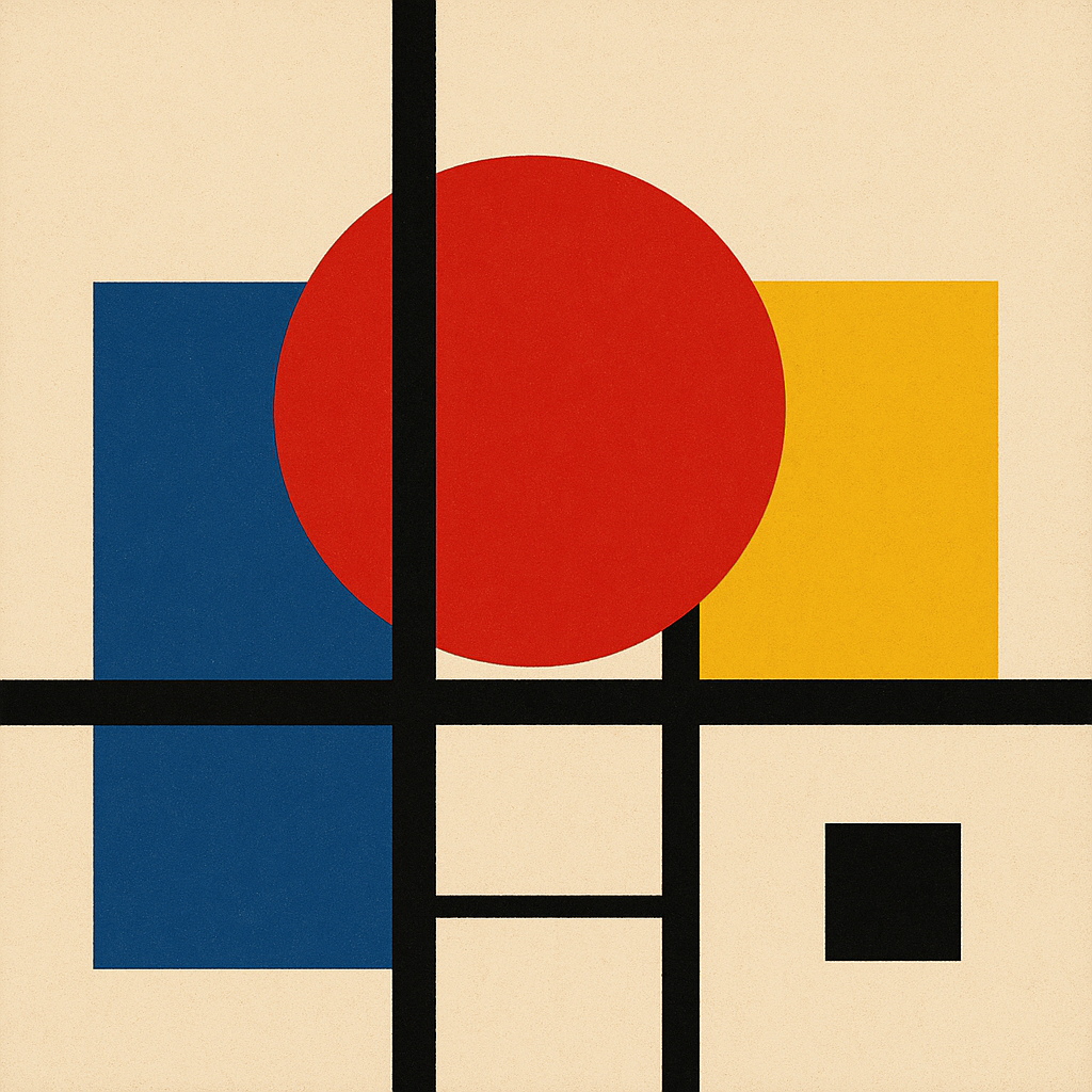 a digital artwork showcases a striking bauhaus-inspired design, dominated by bold red, blue, yellow, and black, set against a textured beige backdrop. a large red circle sits off-center, intersecting with blue and yellow rectangles, while thick black lines divide the composition into dynamic sections