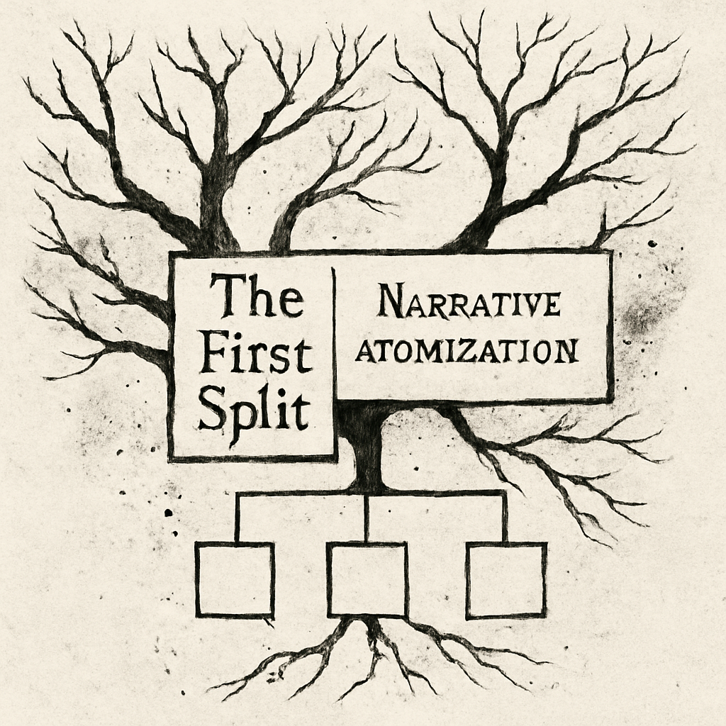 a traditional ink-style black and white illustration of a tree diagram branching from a central box labeled “the first split” and “narrative atomization” with empty squares beneath and fractal limbs extending above.