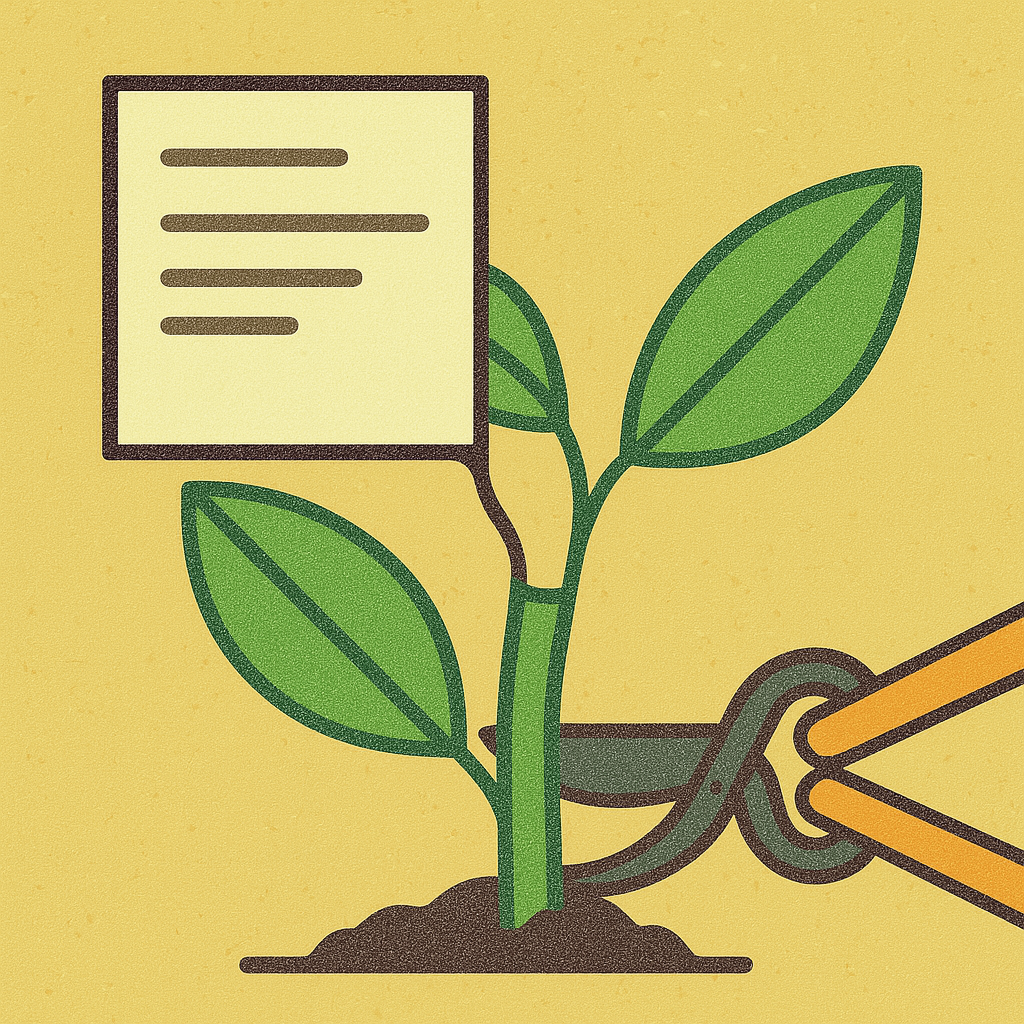 a flat digital illustration features a plant being pruned with shears while a paper page grows from its stem like a grafted leaf, all set against a yellow speckled background.