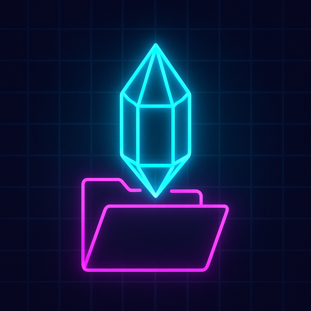 a digital illustration features a glowing neon wireframe crystal hovering above a magenta folder icon, all set against a dark grid background