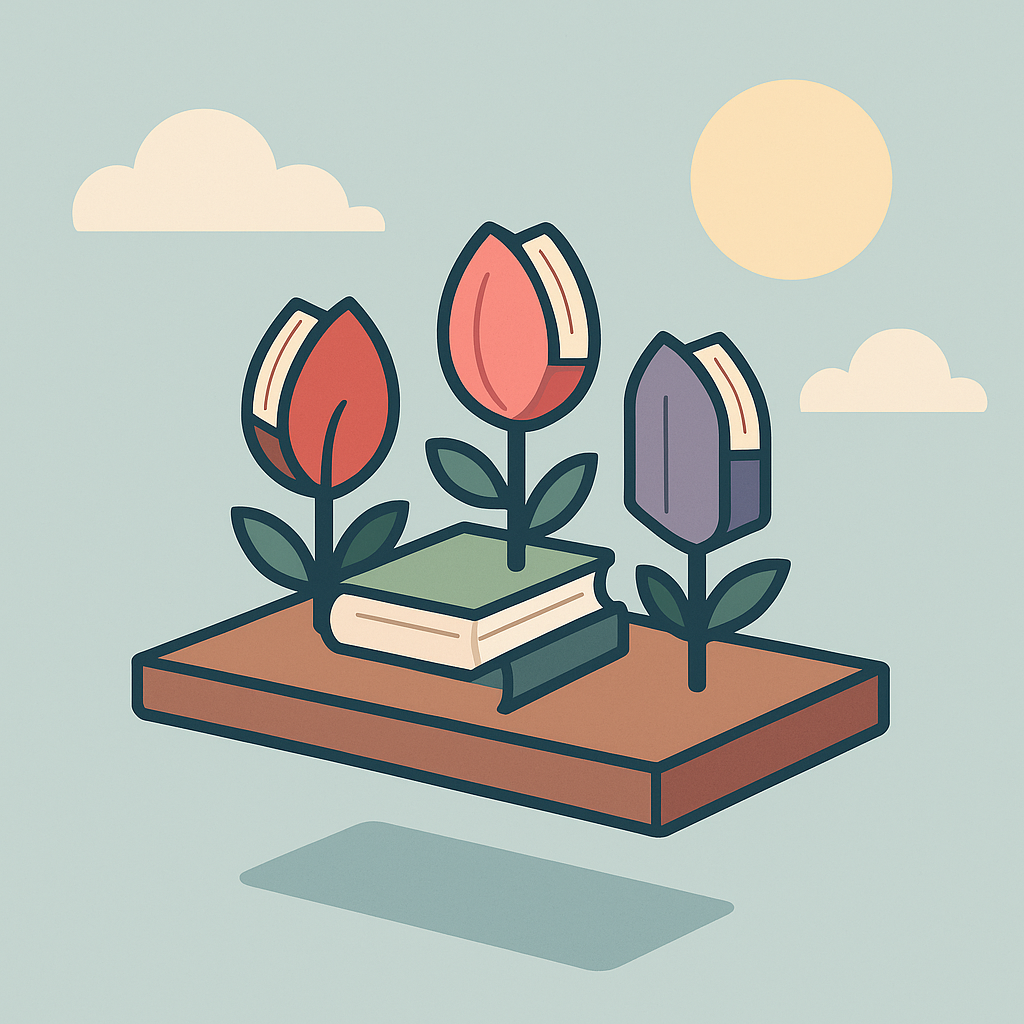 a flat, minimalist digital vector illustration depicting a floating wooden shelf holding books shaped like flower buds. the scene is set against a pale blue sky with soft clouds and a sun. the flower-books are in red, pink, and purple tones, with green leaves and stems. one closed book lies flat between the blooming ones.